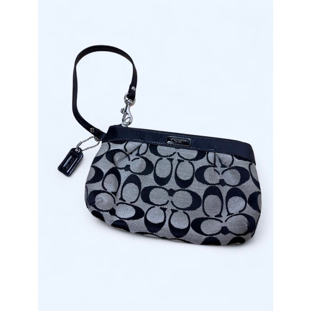 Coach Signature Collection Jacquard Canvas Leather Trim Wristlet Black Grey
